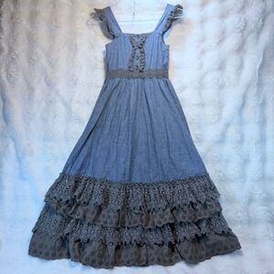 Mustard Pie Blue Chambray Ruffle Lace Maxi Dress Girls Size 8 Boho Cottagecore